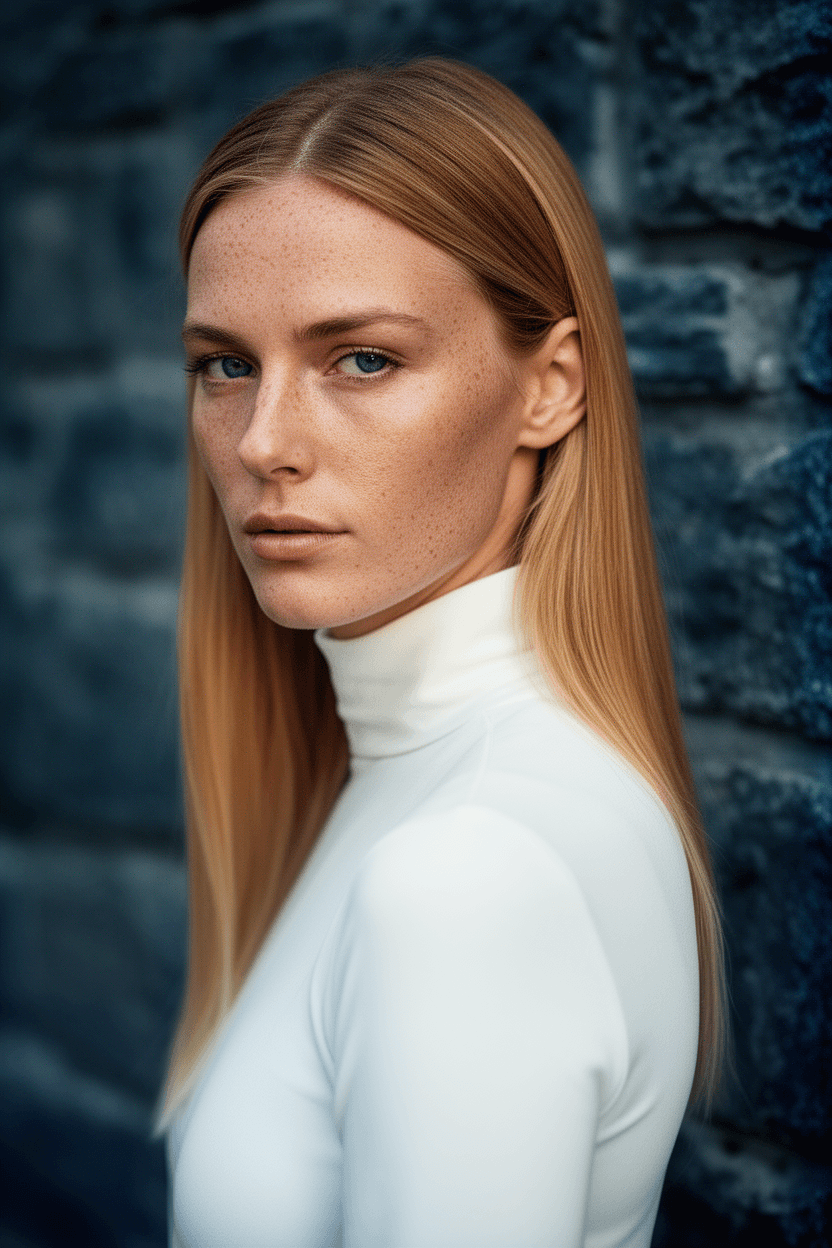 AI generated: A professional high-resolution portrait of a woman with long, straight honey-blonde hair, wearing a ...