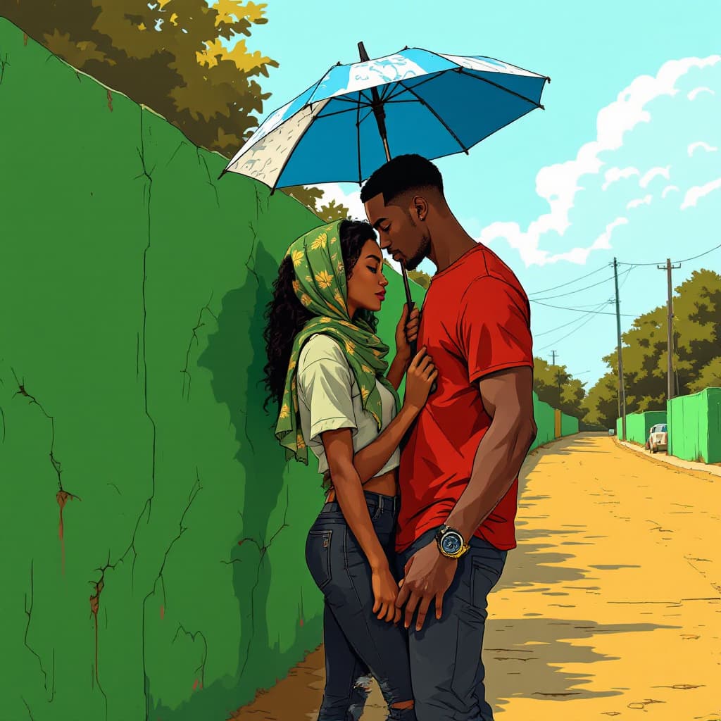 AI generated:  Une illustration romantique de style manga représentant un beau jeune couple africain debout au bor...