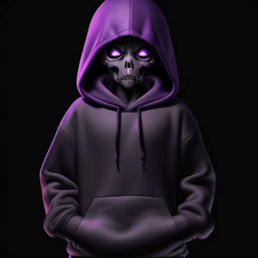 AI generated: small adolescent with a purple hooded sweater, black pants,Sans from undertale, skelton, wearing pur...