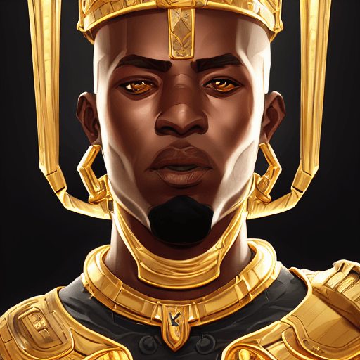 AI generated: Close-up portrait of a Nubian king from ancient egypt walking into no mans land, metallic armor,whit...