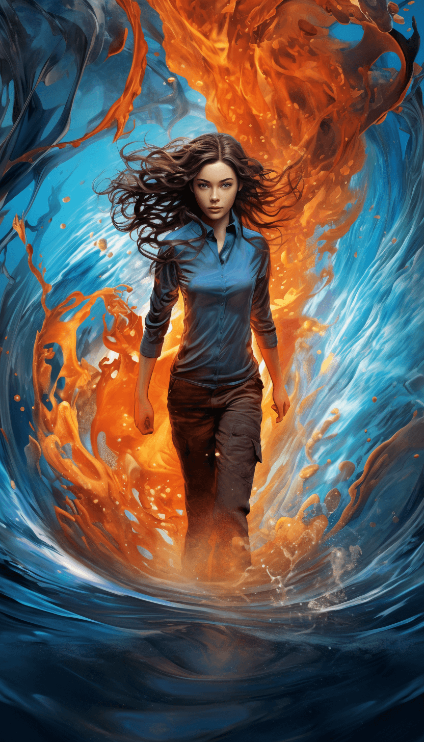 AI generated: A girl, blue and orange, fire vs water, in the style of futuristic chromatic waves, burned/ charred,...