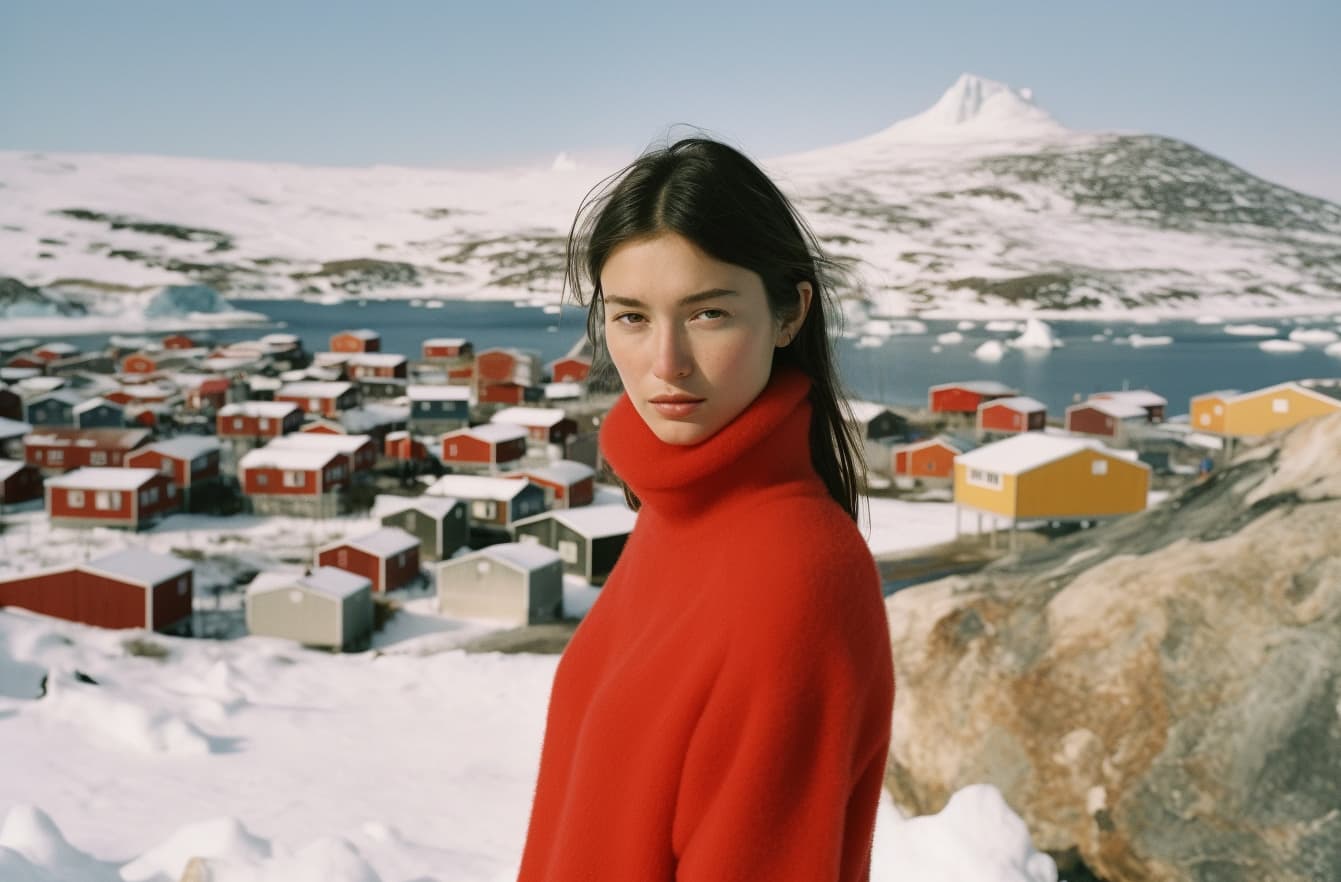 AI generated: Turkish Supermodel, 20yo, tight red polar clothes, tall woman, beauty. Background: Antarctica Landsc...