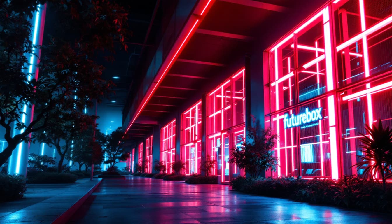 AI generated: industrial, close to the sea area audiovisual company office, including the name of company "futureb...