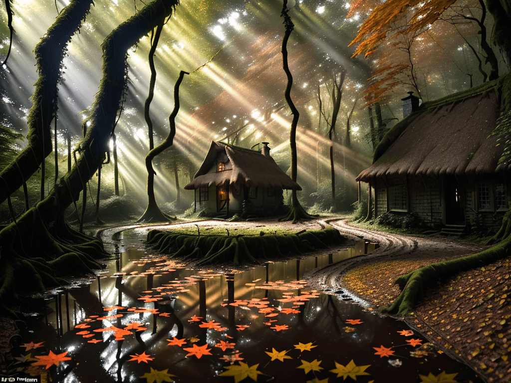 AI generated: deep in a dense forest, shafts of late aftenoon sunlight coming through the leaves of ancient trees,...