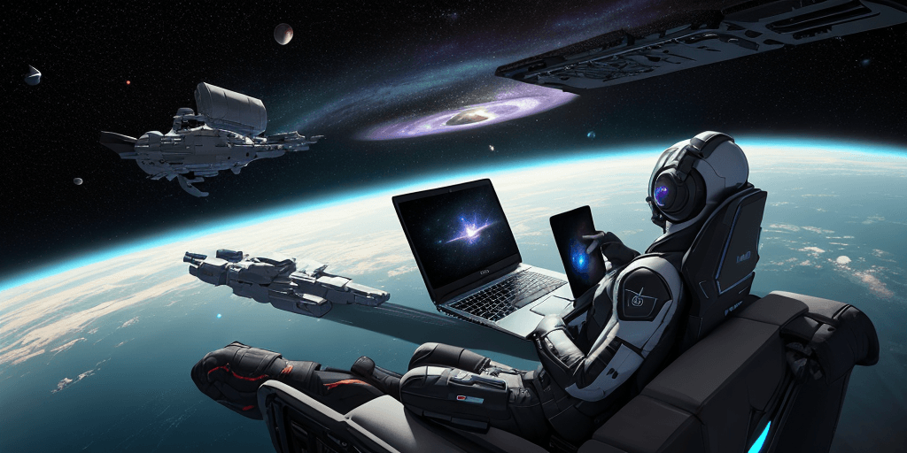 AI generated: A gaming laptop floating in space, drifting along the Milky, realistic, expand the overview