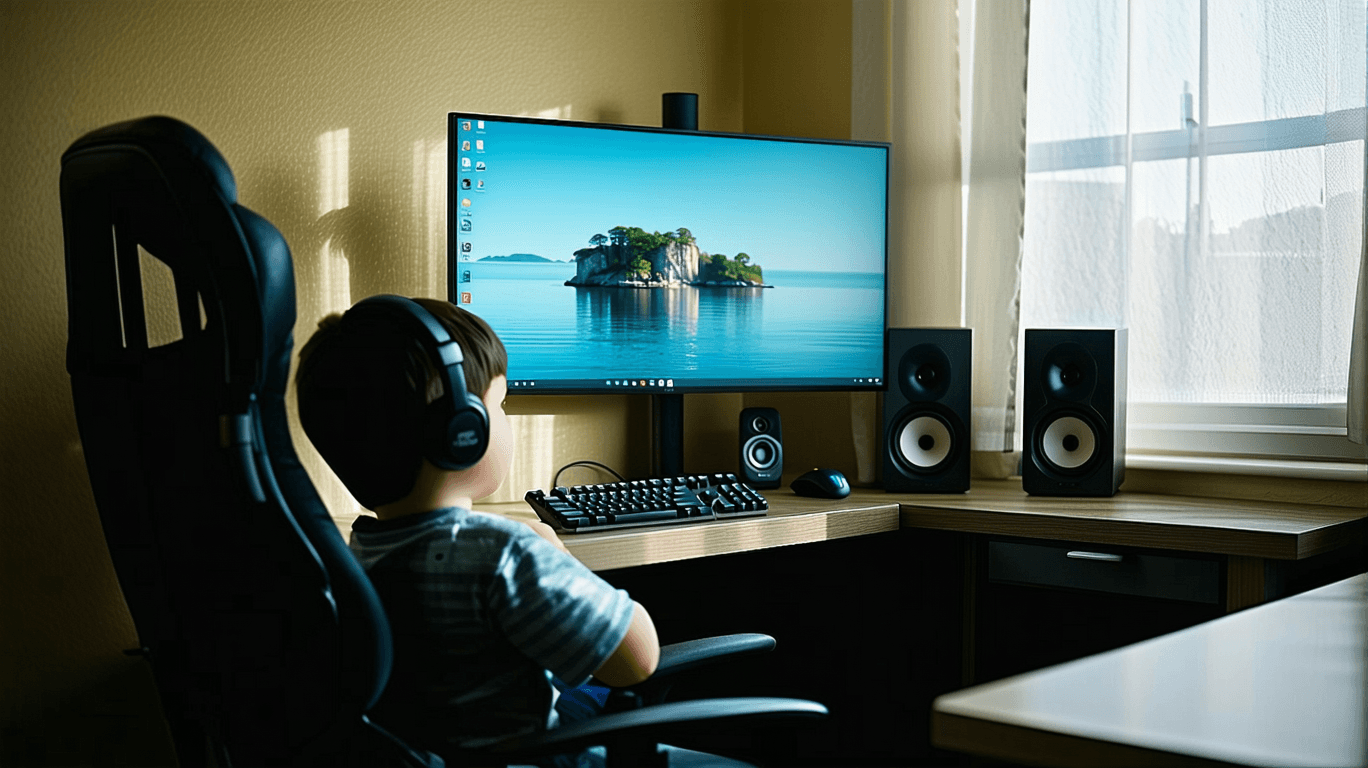 AI generated: speaker, solo, 1boy, computer, indoors, desk, male focus, chair, headphones, monitor, sitting, cable...