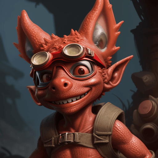 AI generated: detailed, red kobold, wearing goggles, with face mask, fantasy, dirty, feral looking, smile
