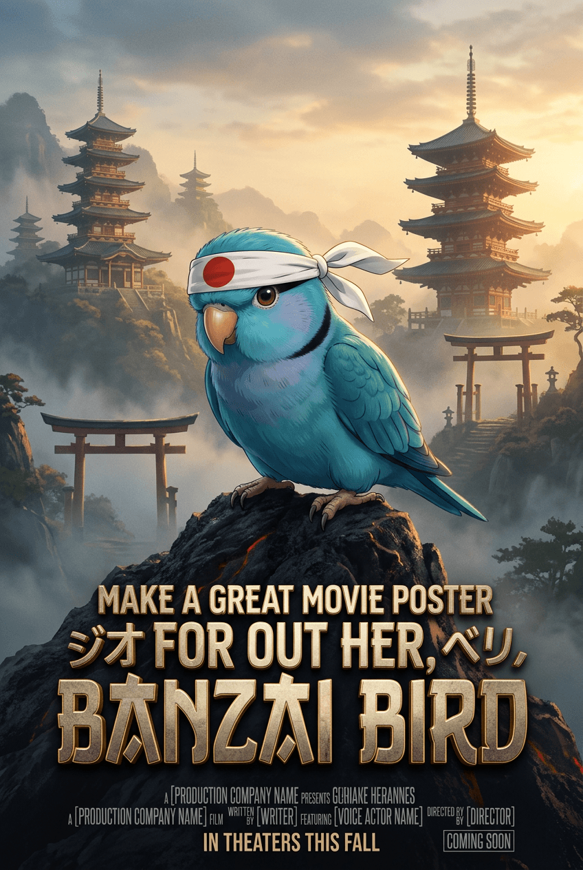 AI generated: Make a great movie poster for out her, Banzai Bird