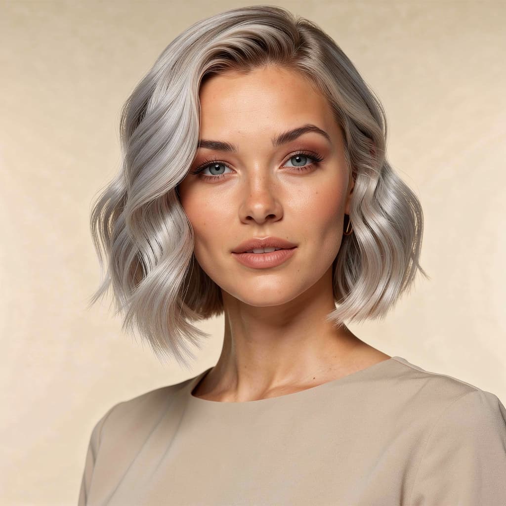 AI generated: hair photography, woman, bob cut hair, silver color, ivory hue background, studio lighting setup, re...