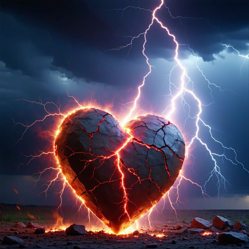 AI generated: Create a vivid and dramatic image depicting a lightning bolt striking a blood-red stone heart.The im...
