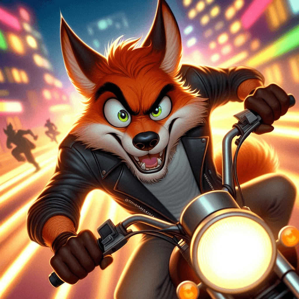 AI generated: Digital cartoon painting of a mischievous male anthropomorphic fox with an intense and playful face ...