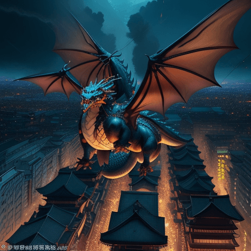 AI generated: Kyoto Animation stylized anime mixed with tradition Chinese artworks~ A dragon flying at modern cybe...