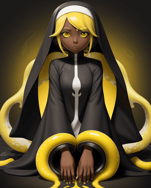 AI generated: splatoon, Frye, yellow hair, nun outfit, hypnotized, spiral, female, dark skin, tentacle hair