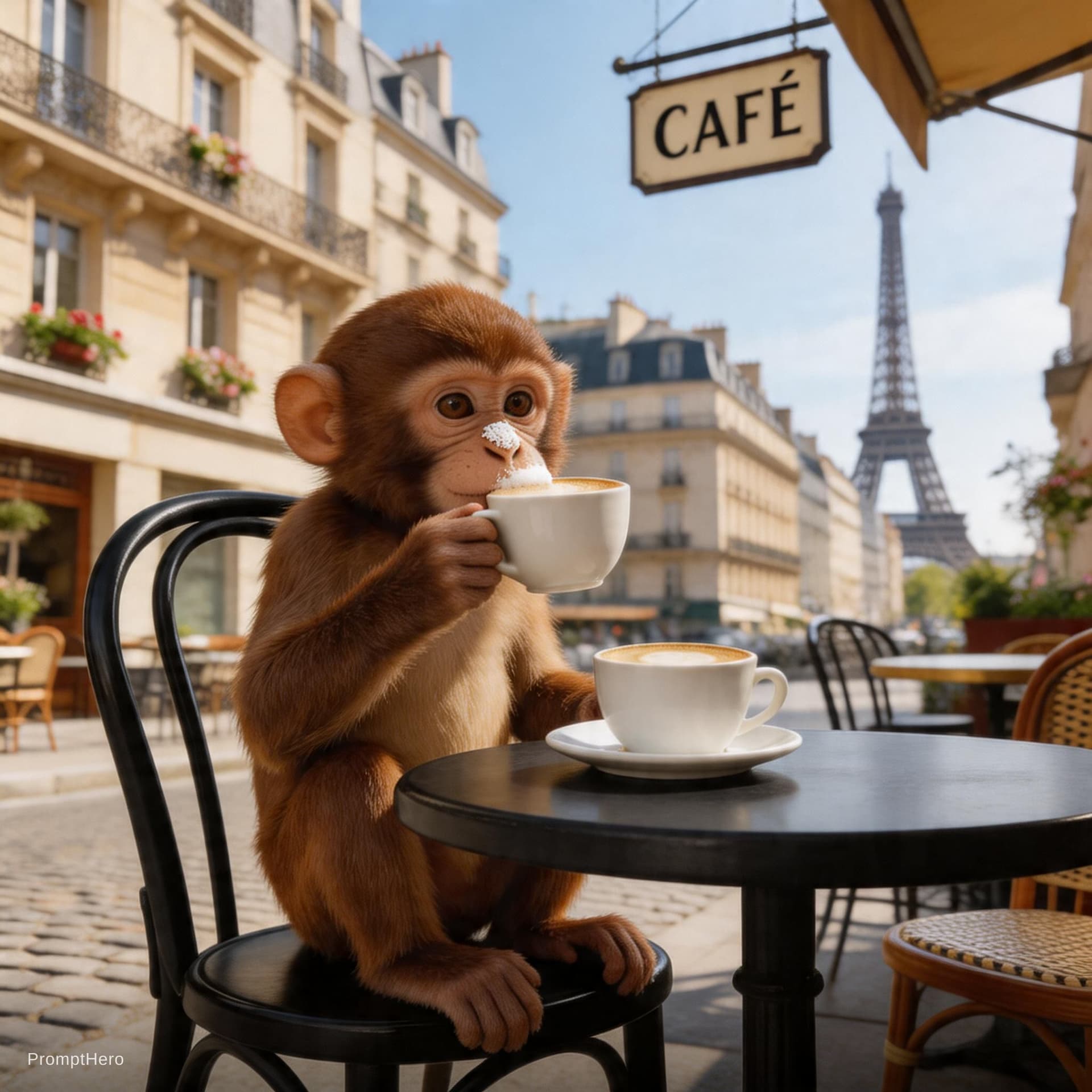 AI generated: 1. A monkey sipping a cappuccino in Paris