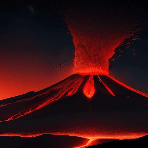 AI generated: realistic volcano eruption with focus on bright red lava splattering out at night with stars in the ...