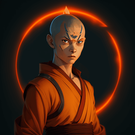 AI generated: avatar aang, the last airbender, in the style of furaffinity, orange robes, red, #vfxfriday, massurr...