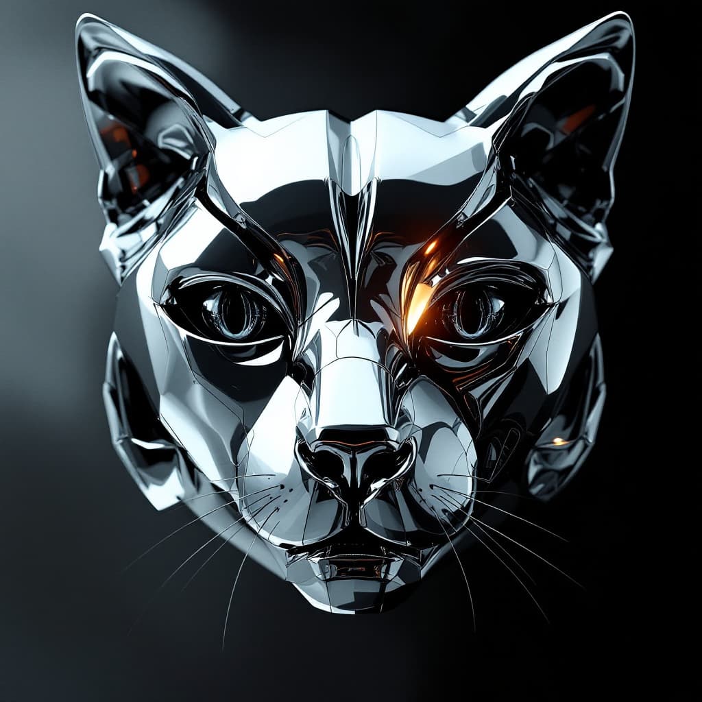 AI generated: highly reflective, polished metal cat face, distorted and twisted into abstract shapes, reflecting a...