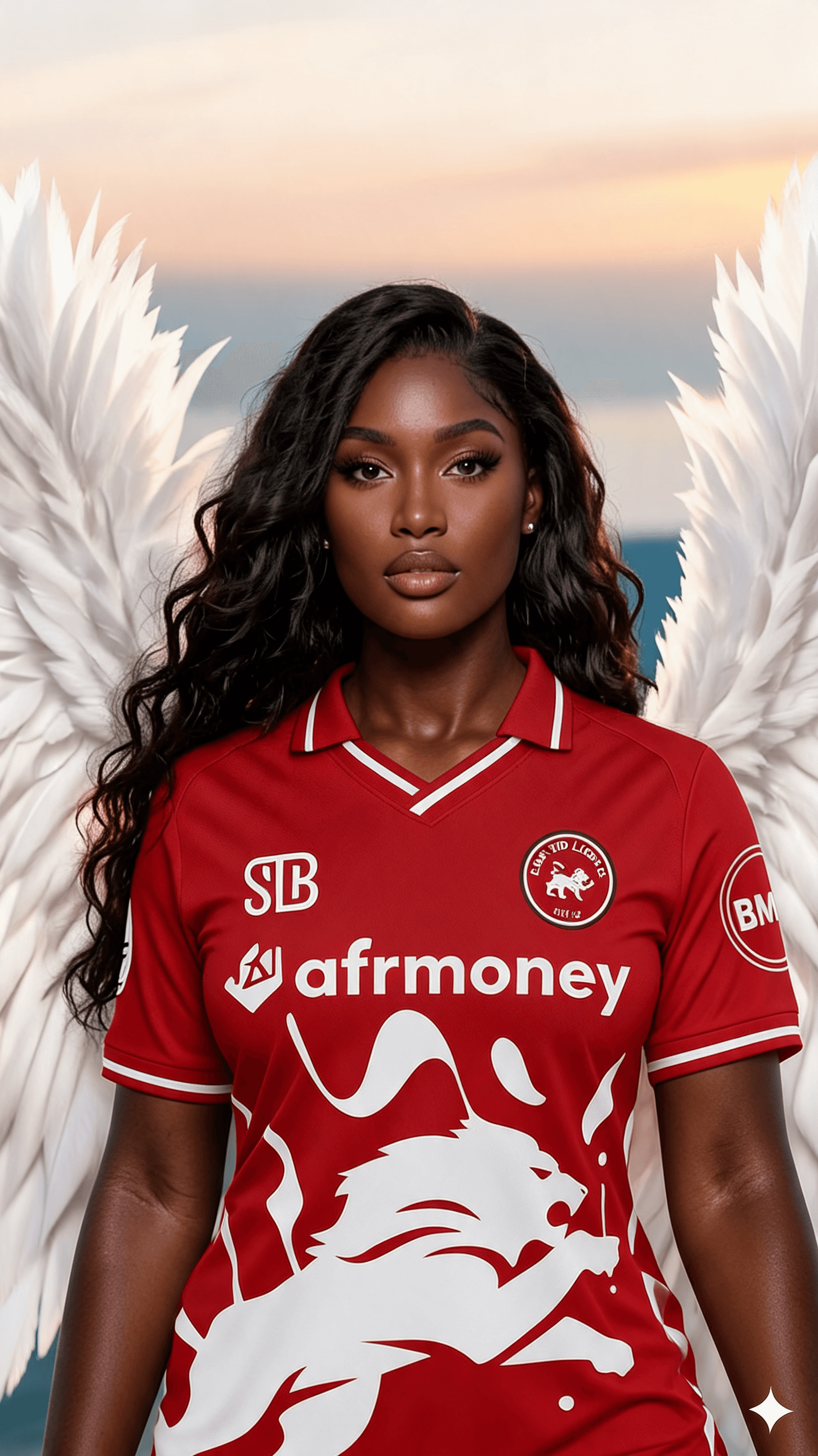 AI generated: swap the outfit of the angel with the attached red jersey. let the angel wear the jersey
