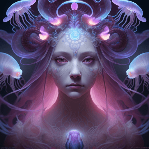 AI generated: Goddess close-up portrait ribcagel. jellyfish phoenix head, nautilus, orchid, skull, betta fish, bio...