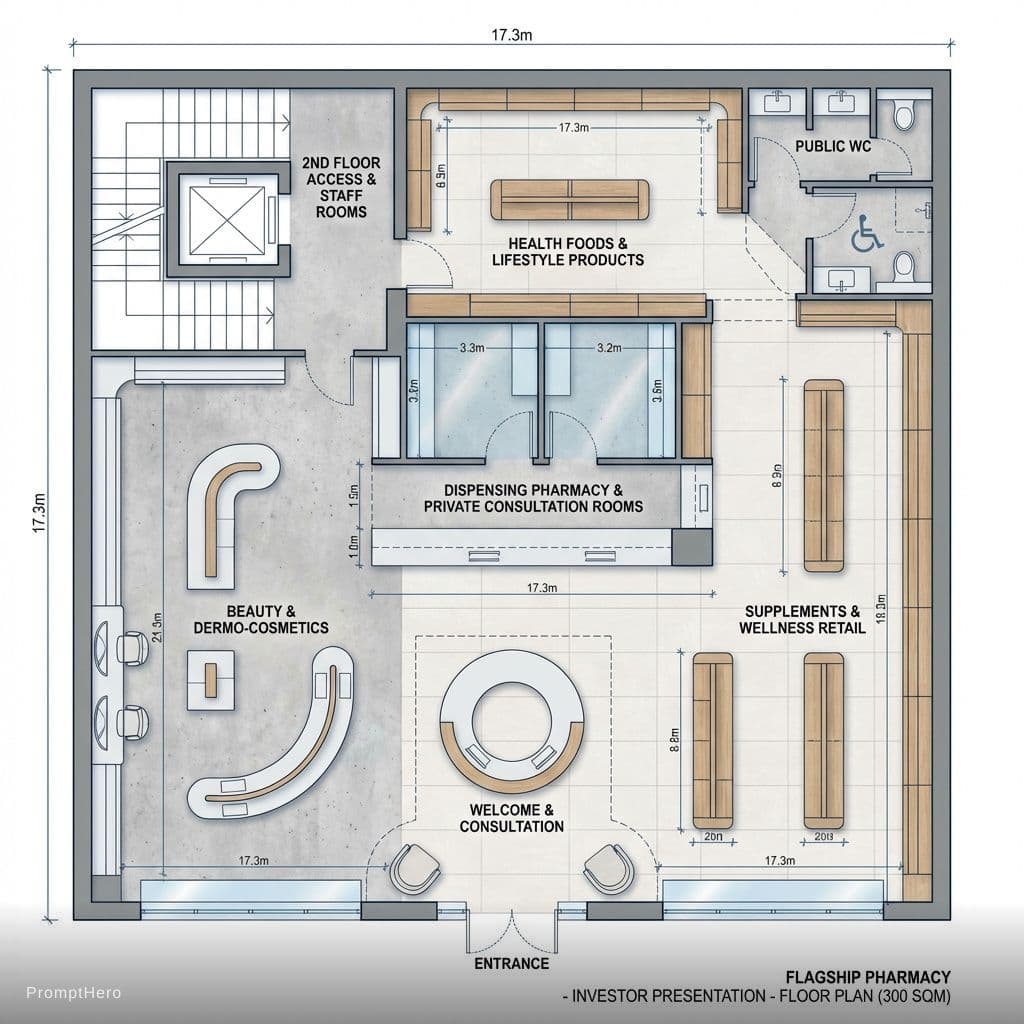 AI generated: Create a luxury flagship health and beauty retail architectural floorplan visualization of a modern ...
