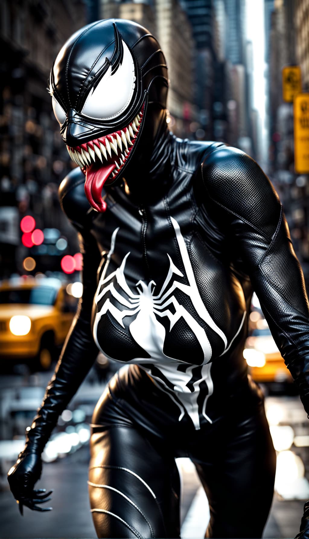 AI generated: CG unity wallpaper, a cute lady cosplaying Venom character, anatomically correct female torso, (slen...