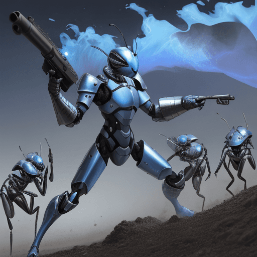AI generated: blue ant army with silver armor invasion the planet, gun fire