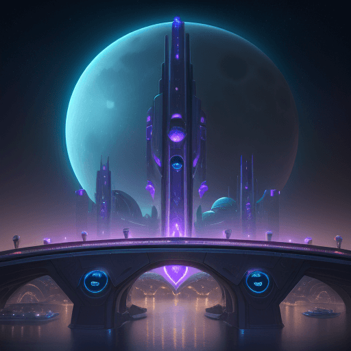 AI generated: Futuristic city with a giant moon in the background, a bridge leading it to another city, Chris Moor...