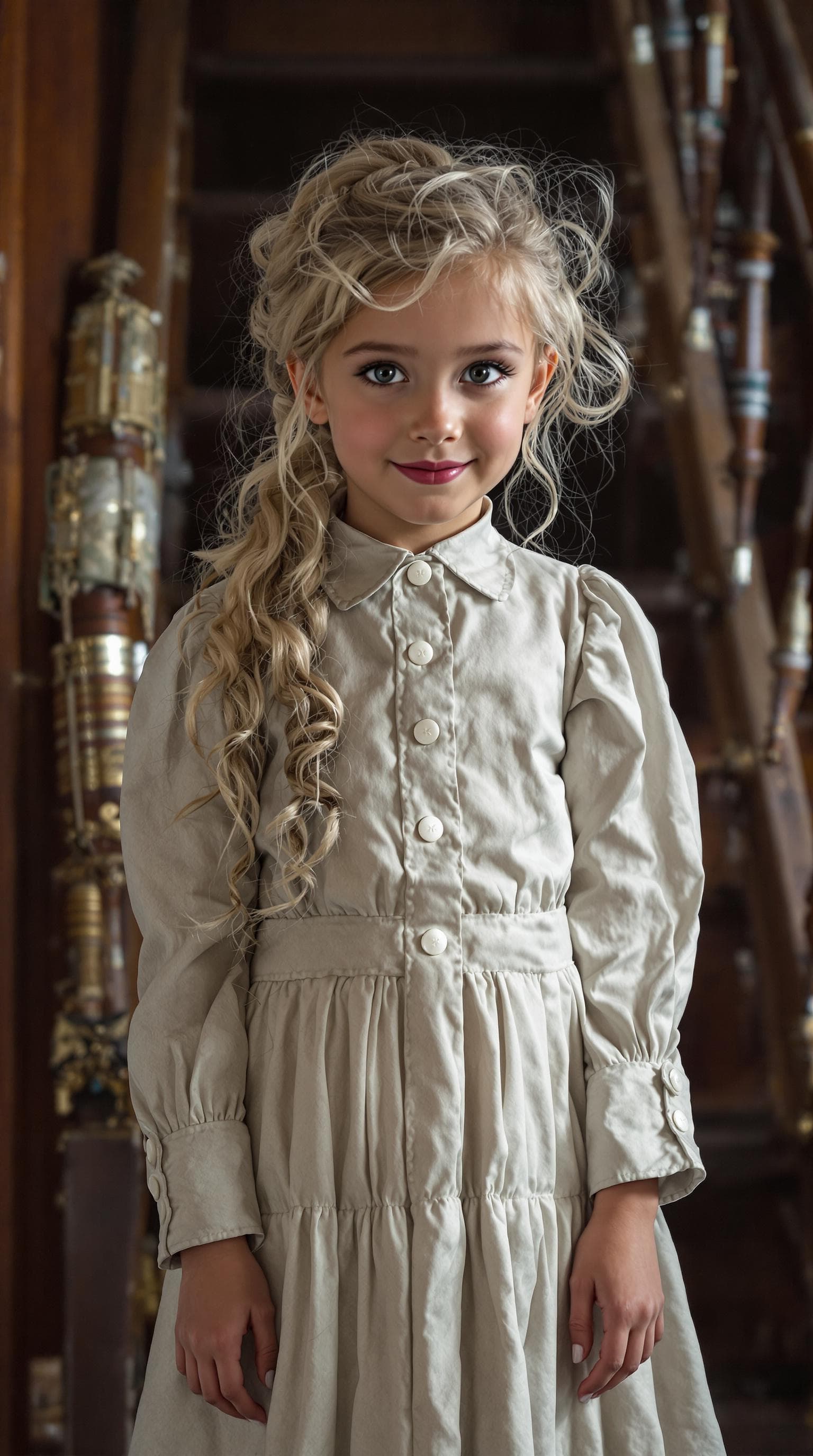 AI generated: a professional photo of a exceptionally beautiful girl aboard the Royal Mail Ship Titanic (age 7), (...