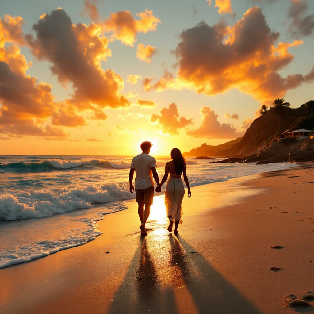 AI generated: HD view of the beach at sunset with the ocean at its calmest waves with the sky bright orange with a...