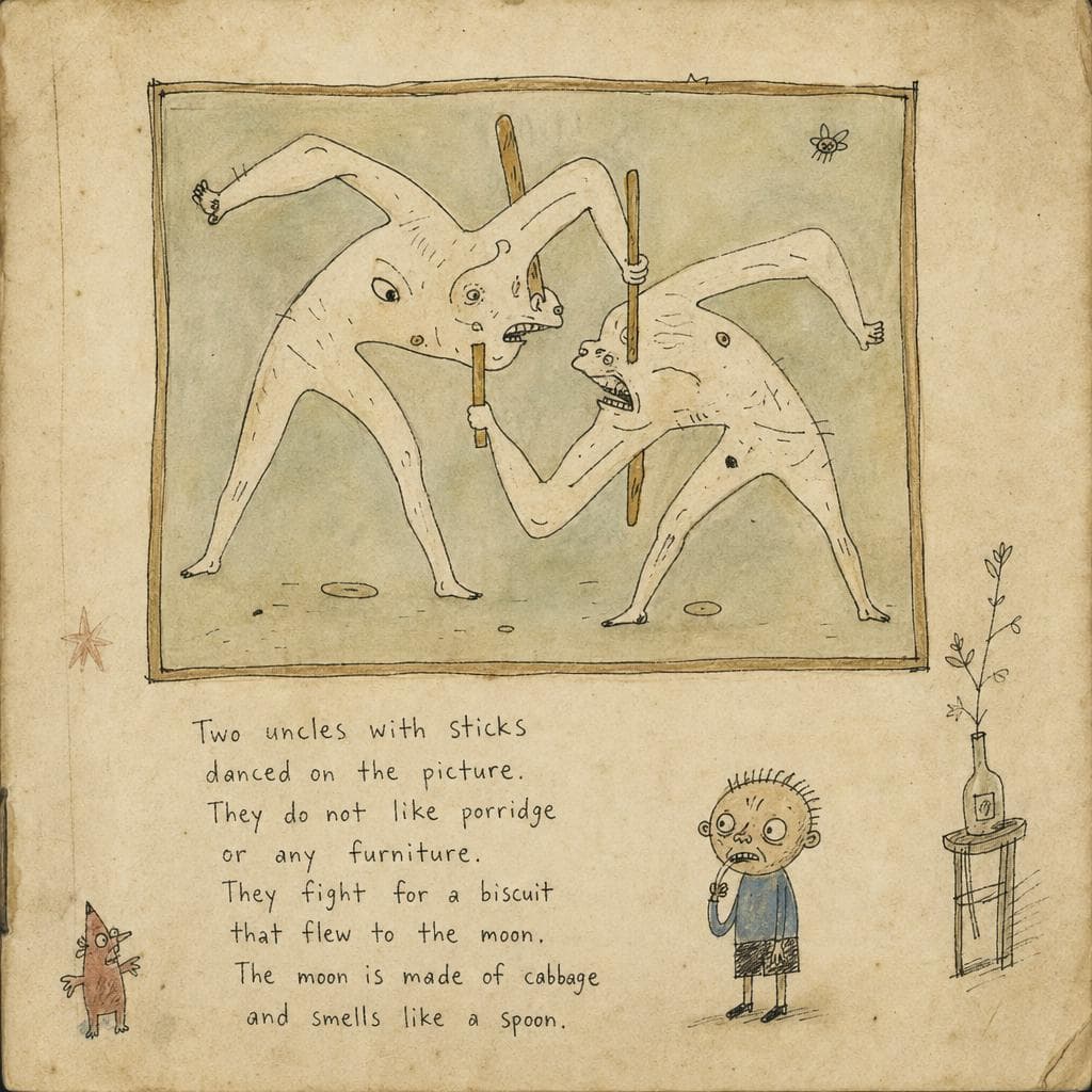 AI generated: prompt: Turn this photo into a strange vintage Soviet children's book illustration with grotesque hu...