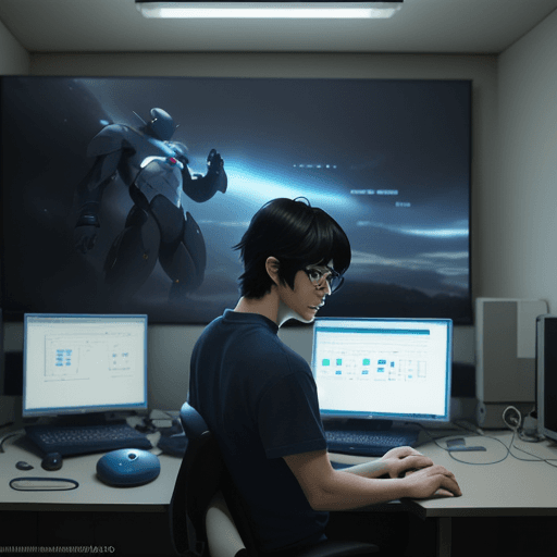 AI generated: a nerdy boy is programming at a computer in a room full of gadgets and computer screens and posters ...