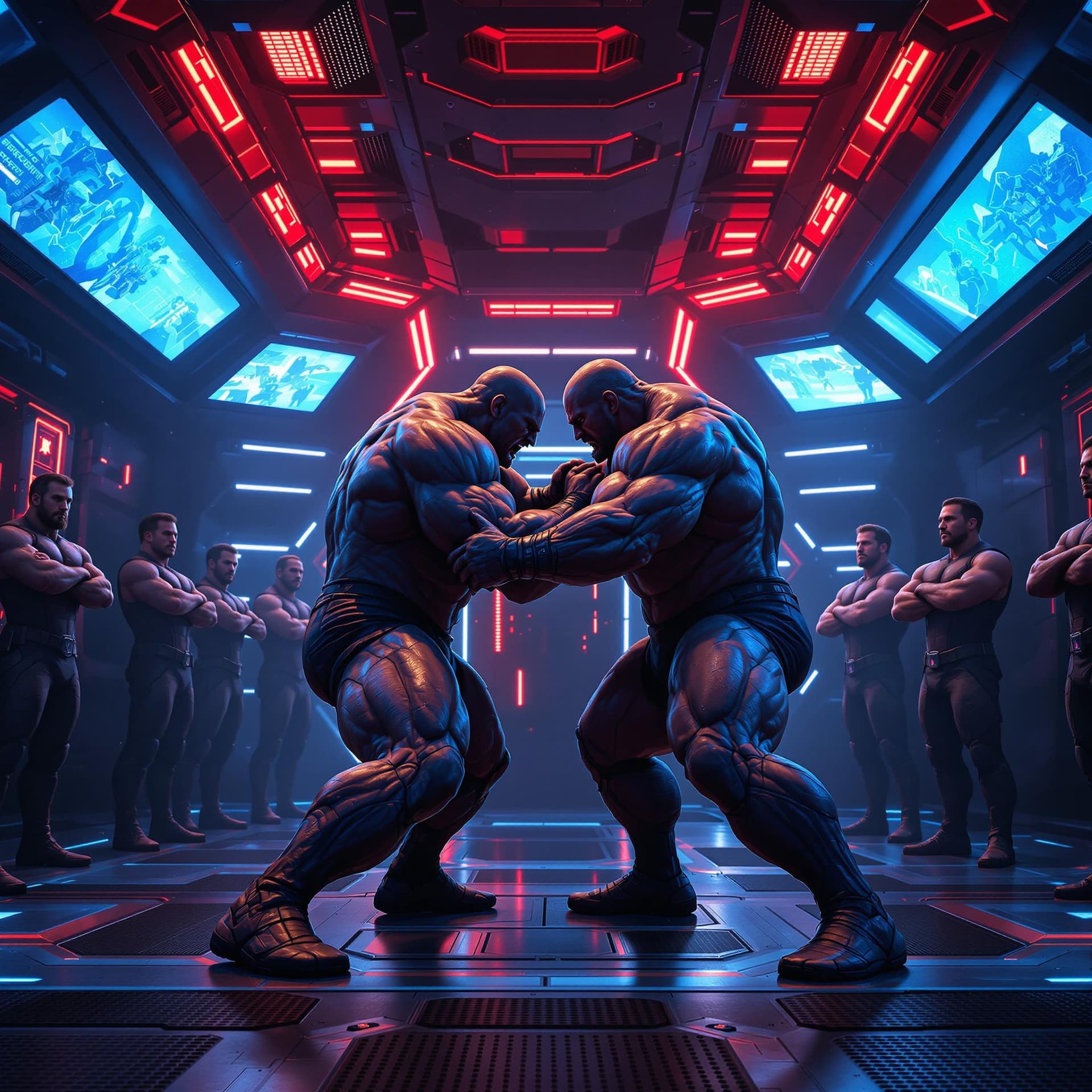 AI generated: A high-tech, futuristic training hall inside Avengers Tower, illuminated by neon blue and red lights...
