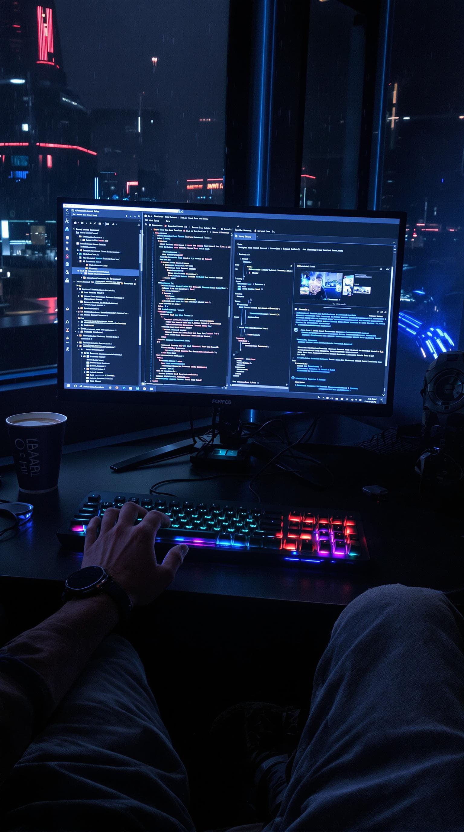 AI generated: "First-person POV, hands resting on a mechanical keyboard, glowing RGB keys reflecting on fingertips...
