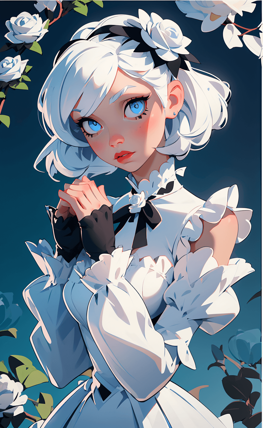AI generated: 1girl, art nouveau, white and black dress, white hair, black dress