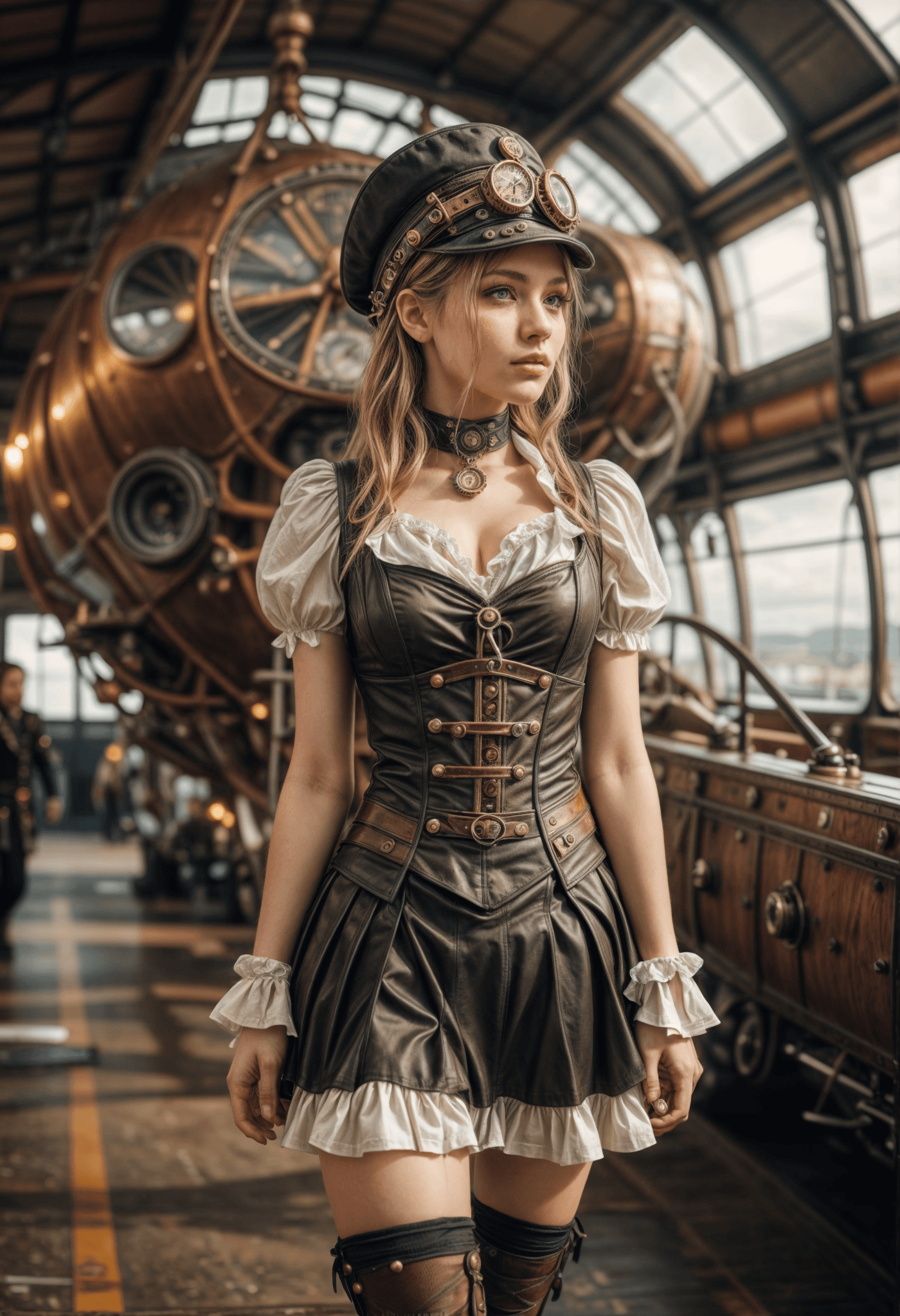 AI generated: A young woman in a vintage steampunk outfit poses in front of a large brass steam engine.