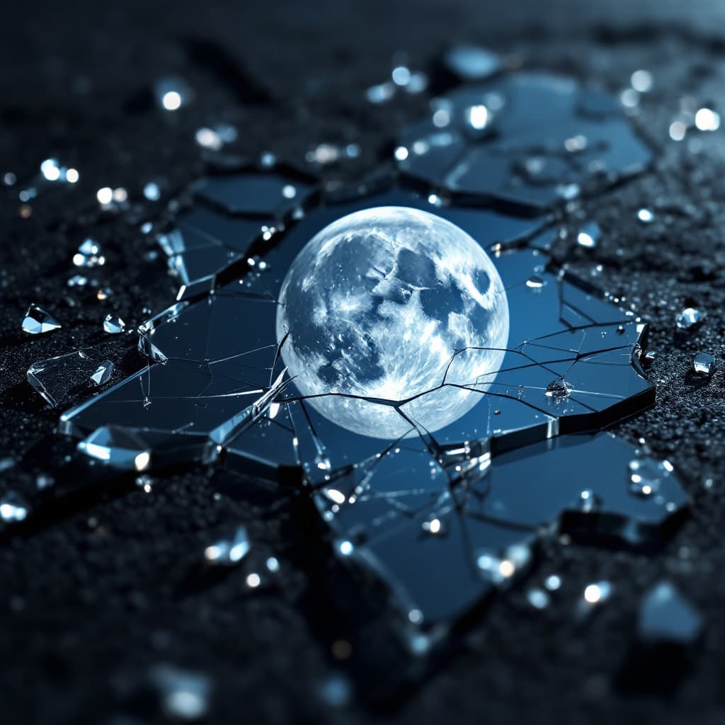 AI generated: highly reflective glass showing the full moon in it's brilliance and detail, the glass is shattered ...