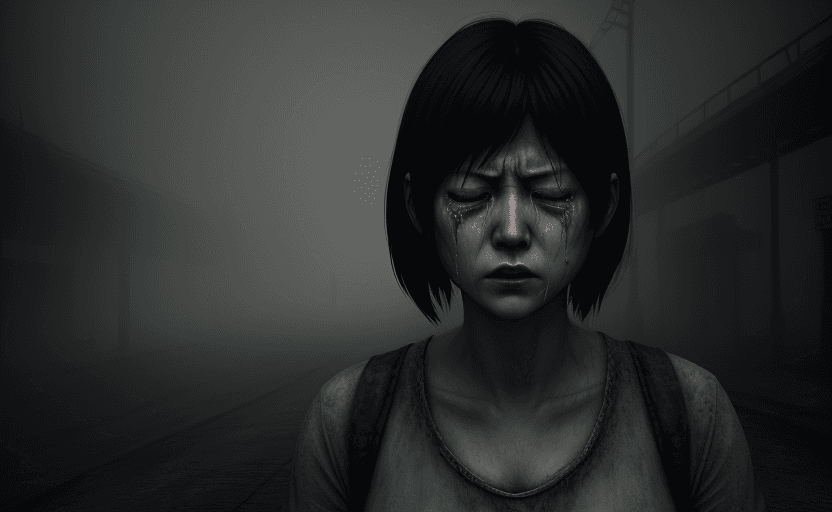 AI generated: woman crying, Final Fansaty type of character, Silent Hill inspired, Fatal Frame, Versus 13, horror ...