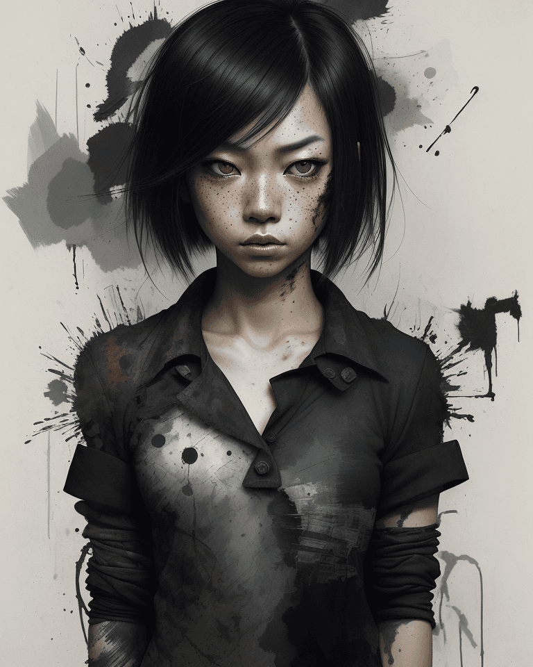 AI generated: aesthetic, painterly style, modern ink, Asian girl, Looking Ashamed, freckles, dark open blouse, exp...