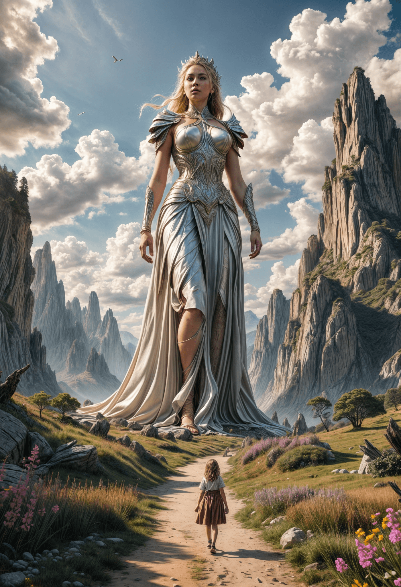 AI generated: A giant towering woman  walking through a very beautiful Landscape, little  people