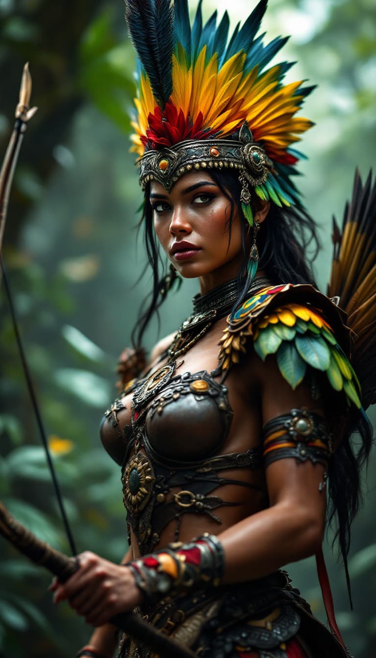 AI generated: Photo of a ultra realistic Indigenous woman warrior, holding an bow and arrow, helmet with macaw fea...