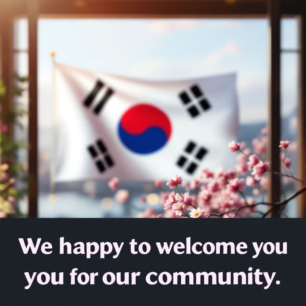 AI generated: "A welcoming scene with the flag of South Korea prominently displayed in the background. The text 'W...