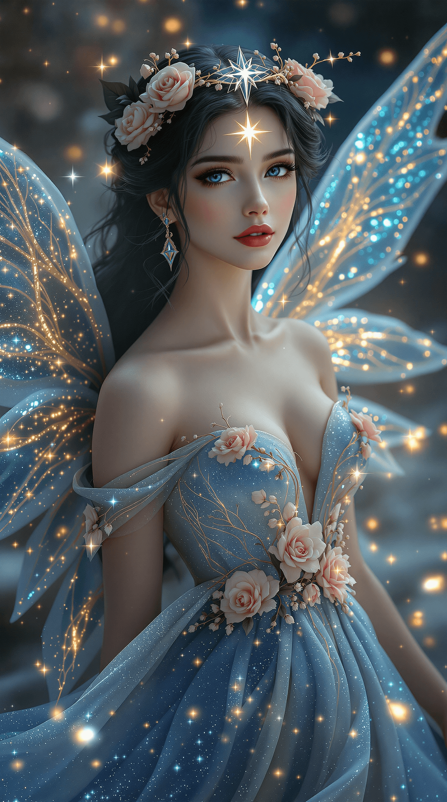AI generated: A breathtaking fantasy fairy woman with radiant porcelain skin, soft rose-red lips, and piercing sap...