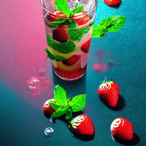 AI generated: High resolution Disney stylization glass with strawberries and mojito, pink render, a lot of light, ...