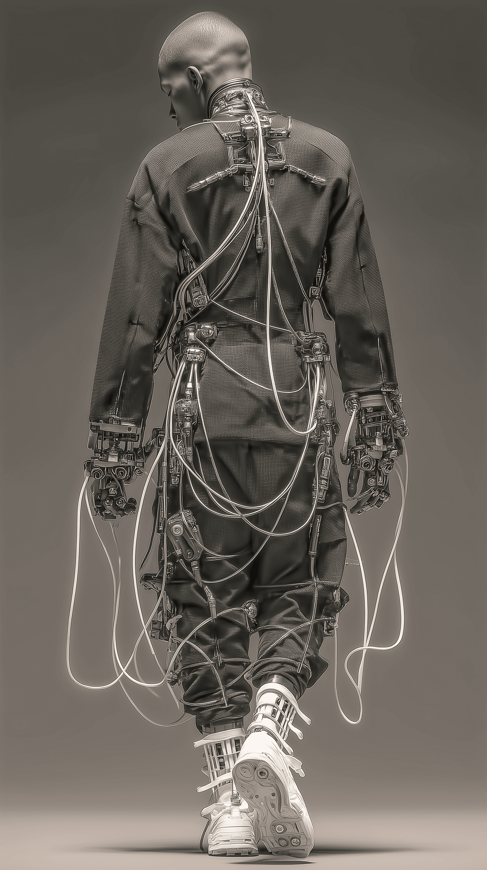 AI generated: photorealistic, rear shot, high detailed futuristic mechnical fashion silhouette, male model, metall...