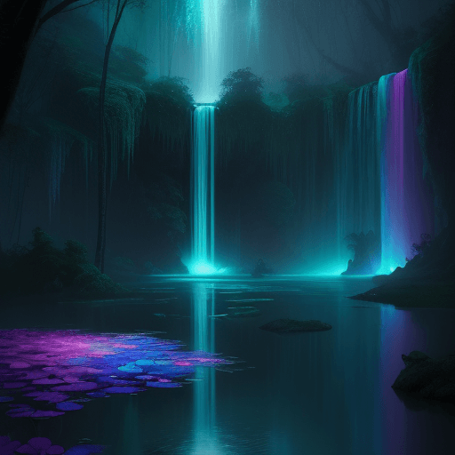 AI generated: soft teal spectral glow, gloomy midnight fae realm, rainbow springs with infinite waterfalls, where ...