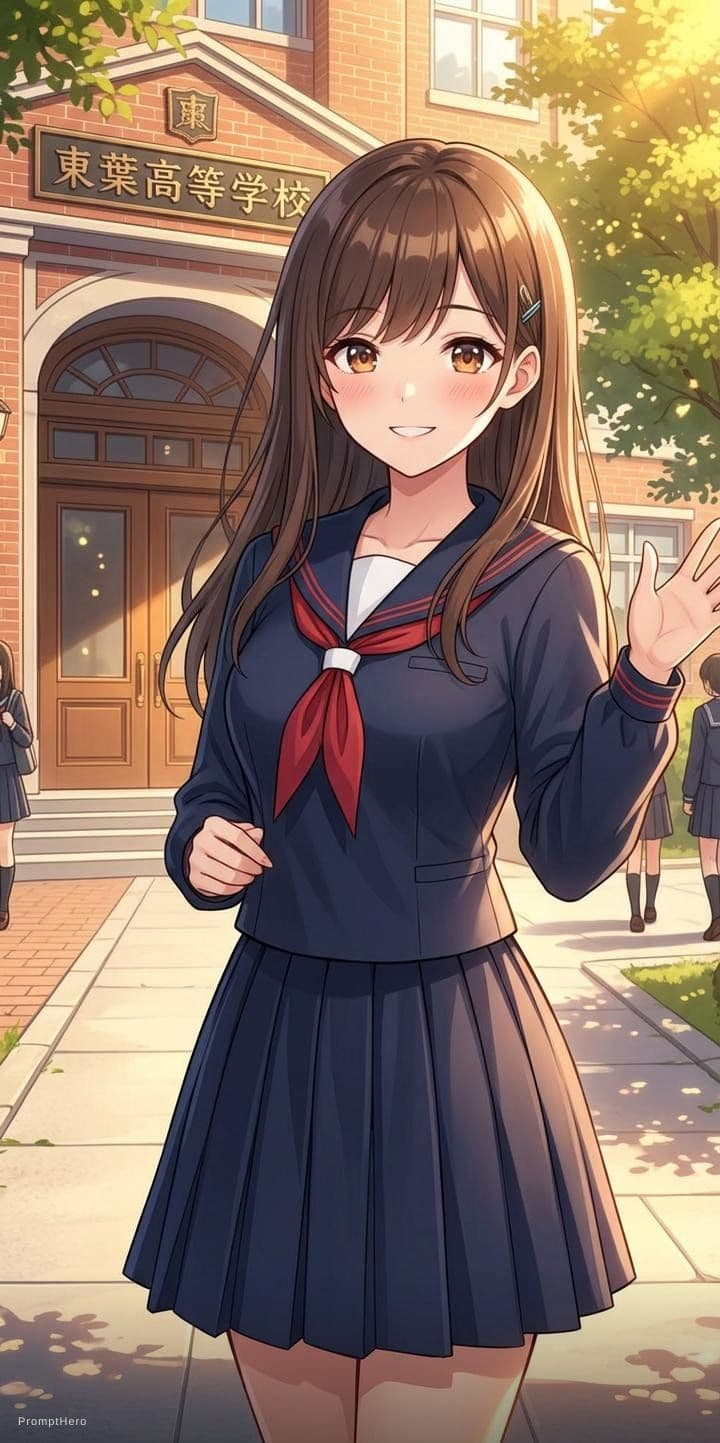 AI generated: wears japanese high school uniform, standing in front of school, under the sun, cheerfully, same art...