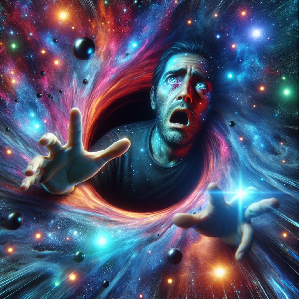AI generated: a man entering a black hole, experiencing the effects of colourful lights near the event horizon, wi...