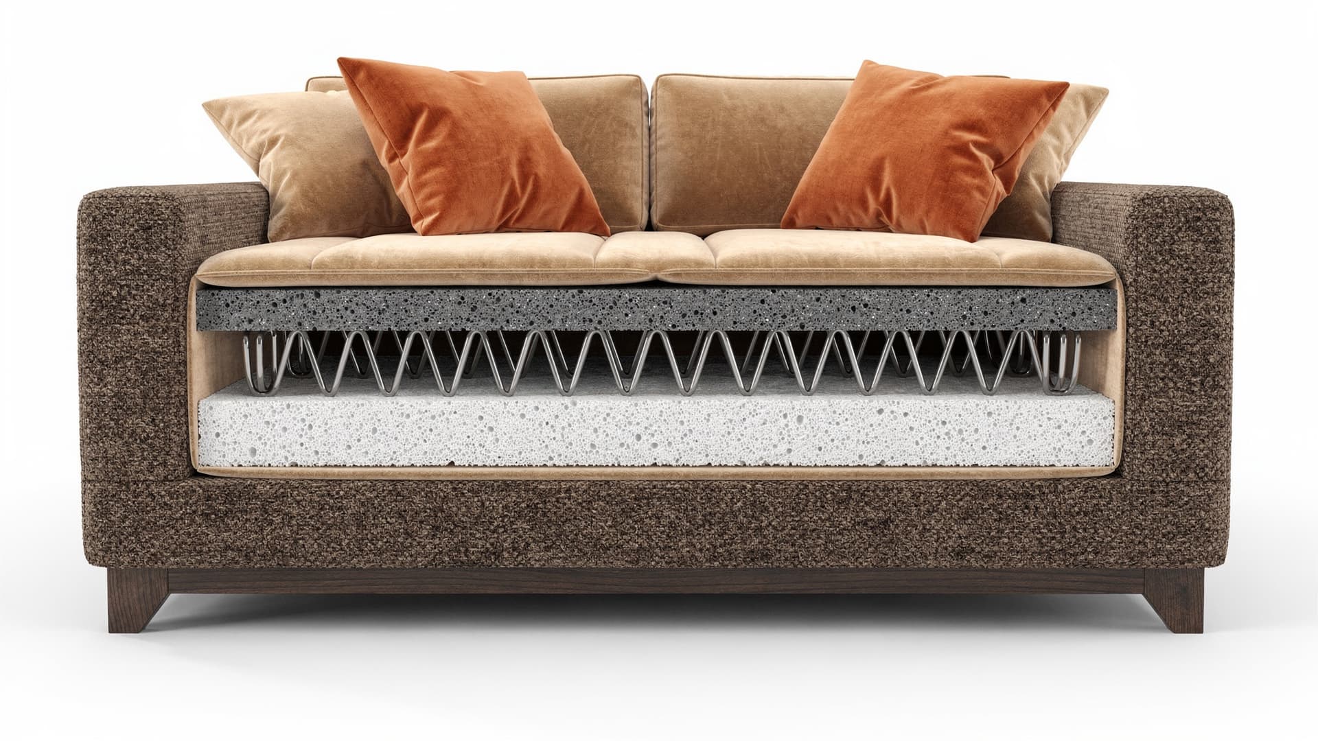 AI generated: **A photorealistic cross-section render of a premium modern sofa. The image cuts through the center ...