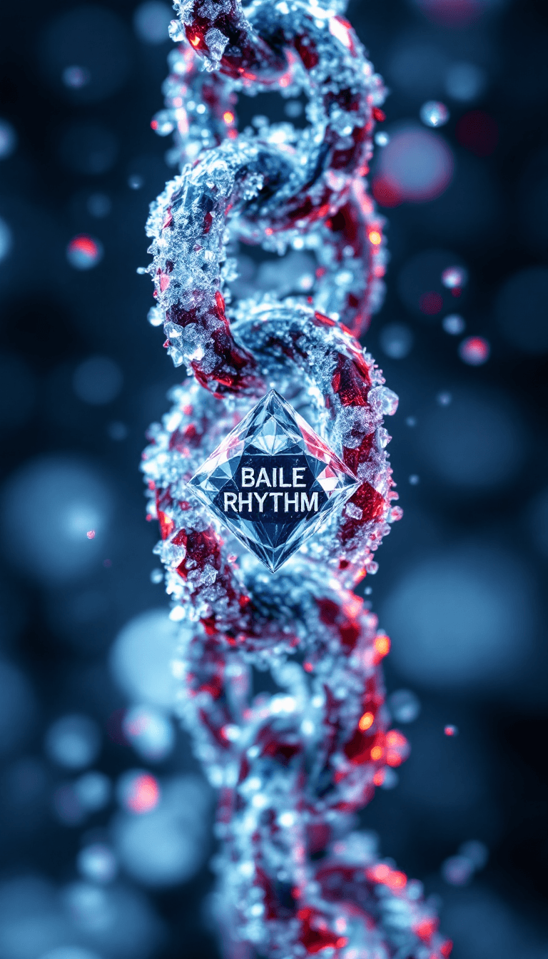 AI generated: big diamond ice out cuba chain. On the Chain  is the text: BAILE RHYTHM" in a abstract red diamond f...