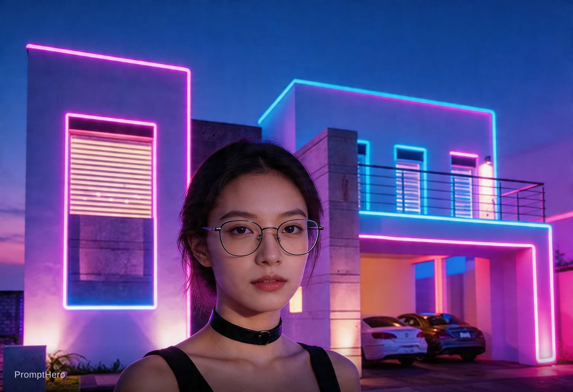AI generated: glasses, choker, <lora:Aesthetic-Portrait-V2:1>, neon palette, <lora:neon_palette_offset:1>